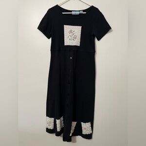 Vintage Navy Midi Dress with Floral Patchwork Accents